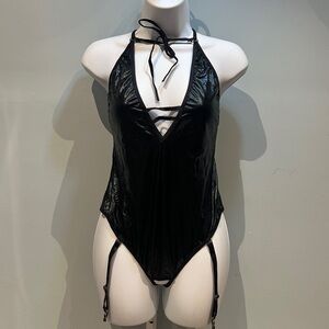 Liquid Onyx Exposed Black Latex Faux Leather Bodysuit Plus Size 1X-3X NWT